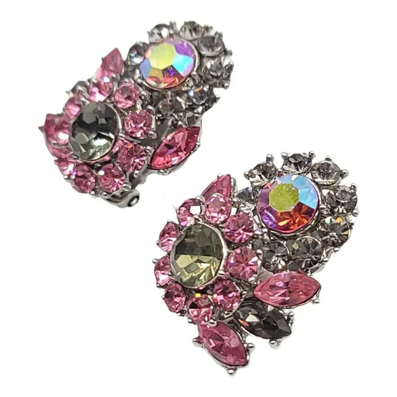 TRIFARI Black Diamond Grey Pink Rhinestone Aurora Borealis Silver Tone Earrings - Picture 3 of 4